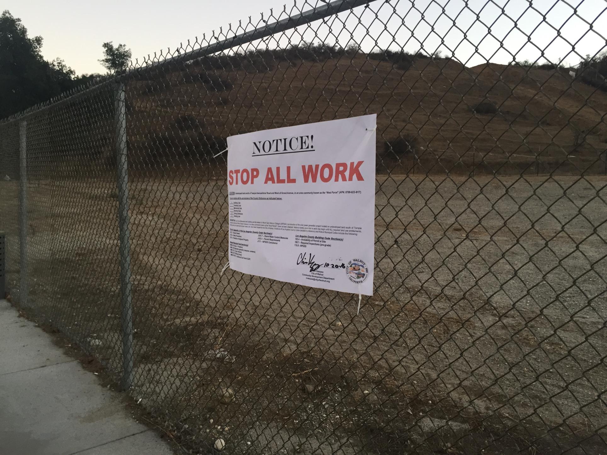 Stop All Construction Work Notice for Mt. SAC